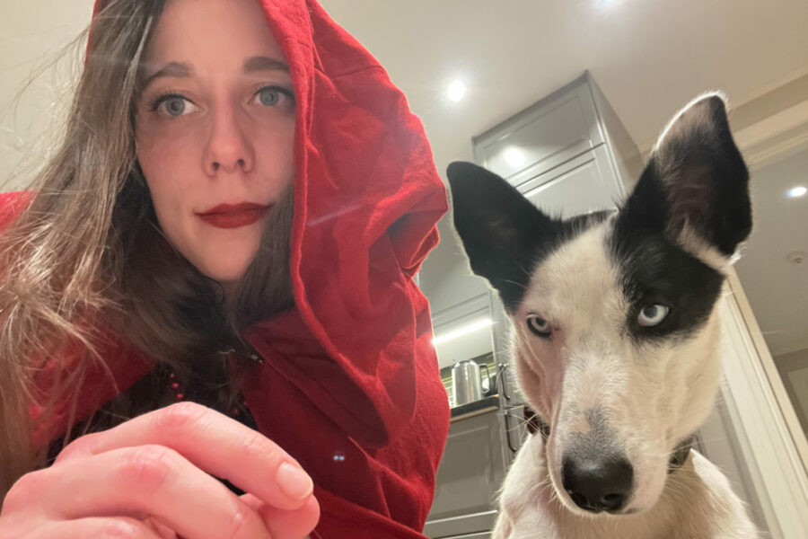 Me dressing up as "Red riding hood". Cassie is the "wolf"