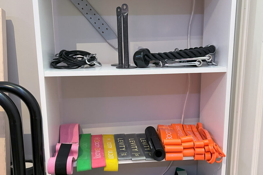 The shelf where I store the workout accessories