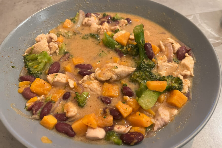 My favorite soup: Chicken, beans, sweet potatoes, broccoli, coconut milk and stock